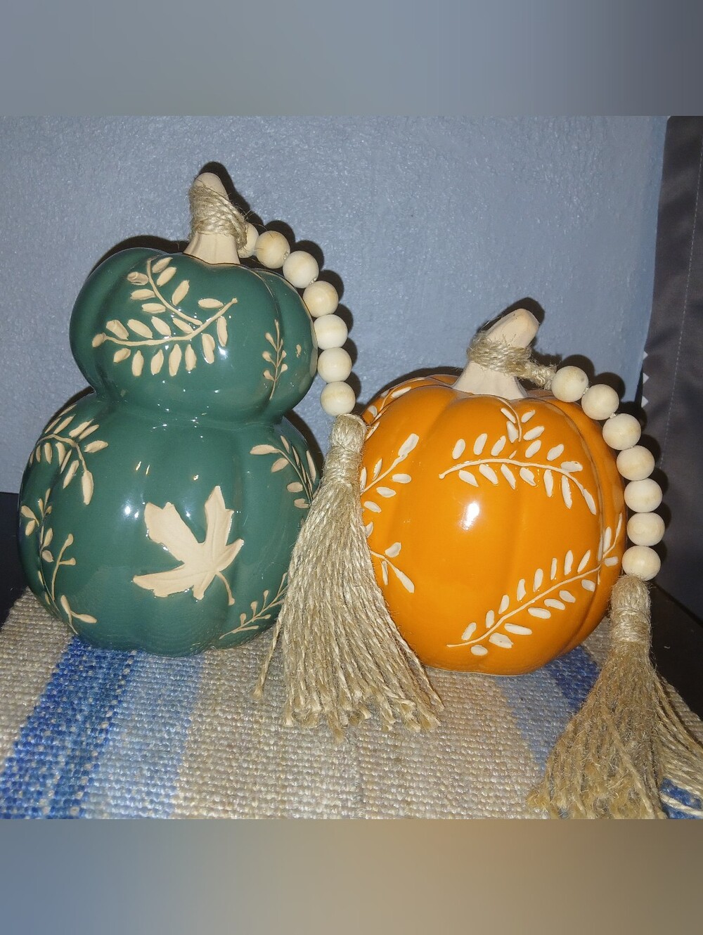 Teal and Orange Ceramic Pumpkin Decor Set with Beaded Tassels